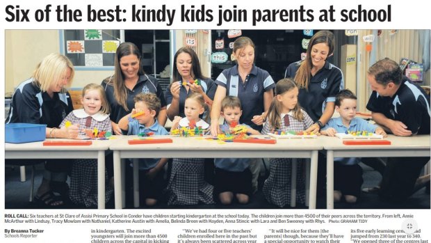 All six teachers and their children featured on the front page of the Canberra Times in February 2012.  From left: Annie McArthur with Lindsay, Tracy Mowlam with Nathaniel, Katherine Austin with Amelia, Belinda Breen with Hayden, Anna Stincic with Lara and Ben Sweeney with Rhys. 