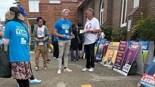 Gareth Hales, multimillionaire son of the Plymouth Brethren Christian Church leader, Bruce Hales, spotted wearing a blue campaign T-shirt at the Bennelong polling booth on April 30. 