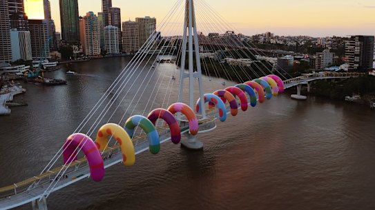 A visualisation of Craig and Karl’s planned installation for the Kangaroo Point Bridge in Brisbane Festival 2025. 