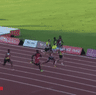 Australian sprinter Lachlan Kennedy crosses the finish line in a personal best 9.98 seconds at the Kip Keino Classic in Nairobi, Kenya.