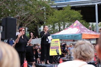 Debbie Fletcher addresses the crowd at King George Square.