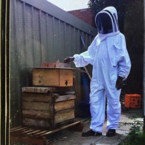 North Melbourne, public housing tenant Sassy in bee keeper suit.
