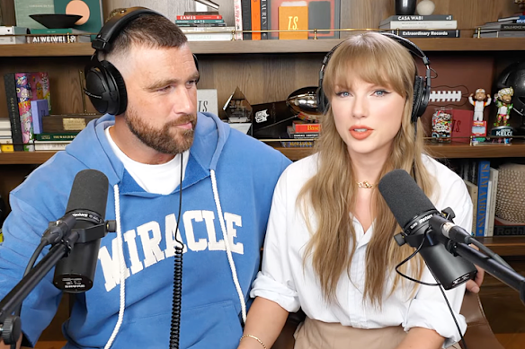 Travis Kelce and Taylor Swift appear on the New Heights podcast.