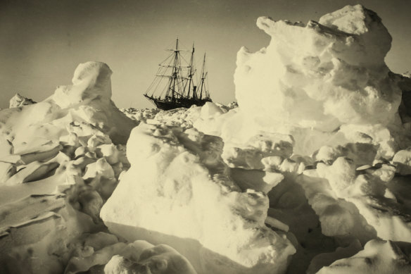 The Endurance among blocks of pressure ice during the Imperial Trans-Antarctic Expedition of 1914-17, led by Ernest Shackleton.  
