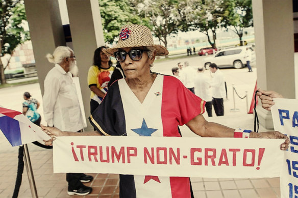 A protester against Donald Trump’s comments on the canal during a Martyrs Day event in Panama City in January.