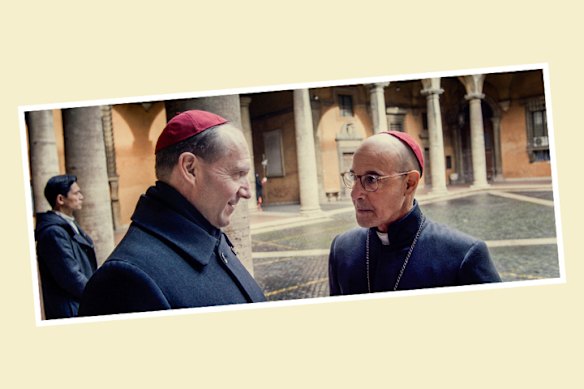 Ralph Fiennes and Stanley Tucci as cardinals in the movie Conclave. 
