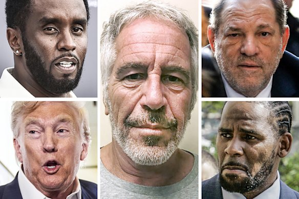 Men in power (clockwise from top left): Diddy, Jeffrey Epstein, Harvey Weinstein, R. Kelly and Donald Trump.