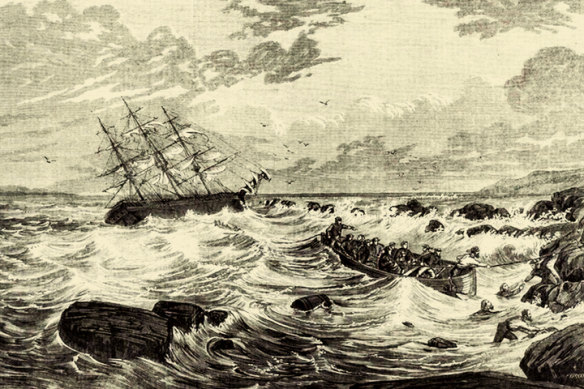 The rescue from the Netherby dashed on a reef at King Island in 1866. 