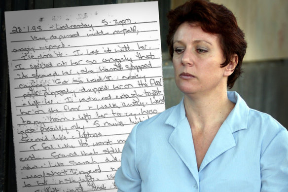 An excerpt from Kathleen Folbigg’s diaries and Folbigg outside the NSW Supreme Court in 2003.