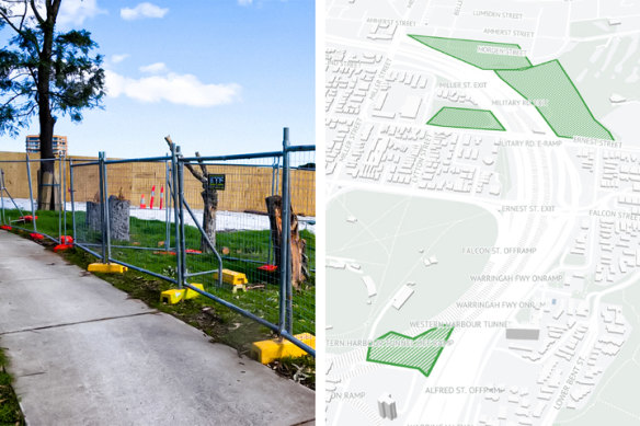 Trees cut down at Cammeray Golf Course, pictured in 2021, to help facilitate co<em></em>nstruction of the Warringah Freeway upgrade, and a map of the acquired sites.