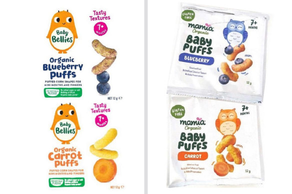 The Baby Bellies packaging, left, and Aldi’s copycat Mamia packaging on the right.