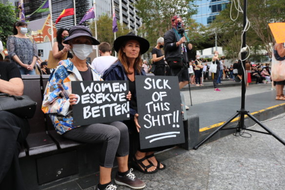 Joceline Godfrey and her mother Tomiko Godfrey at the March 4 Justice rally in Brisbane.