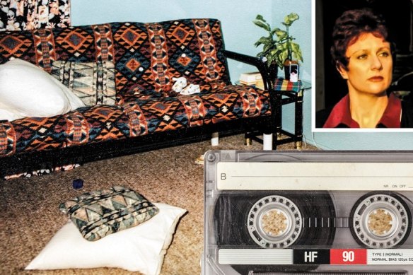 Kathleen Folbigg (inset) during her 2003 trial. Main image shows a photograph tendered during her trial, of the Folbiggs’ Singleton home; along with a generic image of a cassette tape.