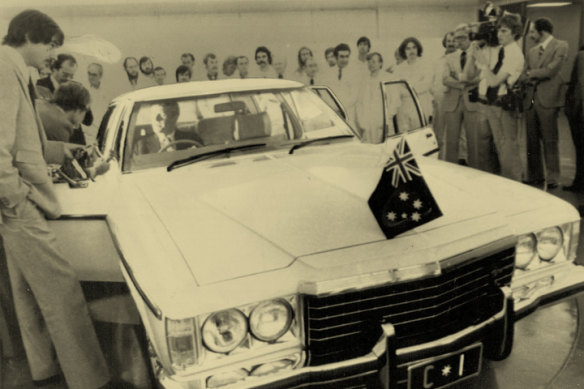Malcolm Fraser in 1978 behind the wheel of an (Australian-made) Holden Statesman Caprice specially modified to fit the prime minister’s 193-centimetre frame.