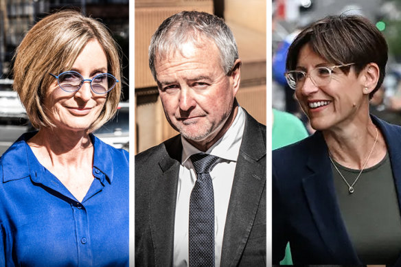 Mick Willing (centre) has been pitted against Pamela Young (left) and Emma Alberici (right) during the LGBTIQ hate crimes inquiry in Sydney.