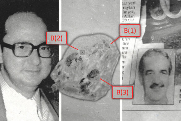 From left: Ernest Head, the palm prints found at the scene of the crime, and suspect Engin Simsek.