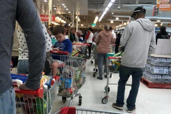 Shopping chaos in Coles Showgrounds, Melbourne on Saturday.