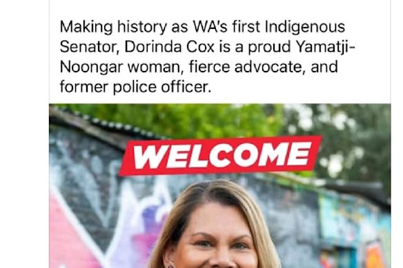 A now deleted Facebook post from WA Labor welcoming Dorinda Cox to the party and mistakenly referring to her as the first indigenous WA senator.