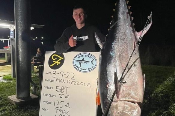 Ryan Gazzola, 17, caught the mammoth 30-year-old tuna off the Mornington Peninsula.