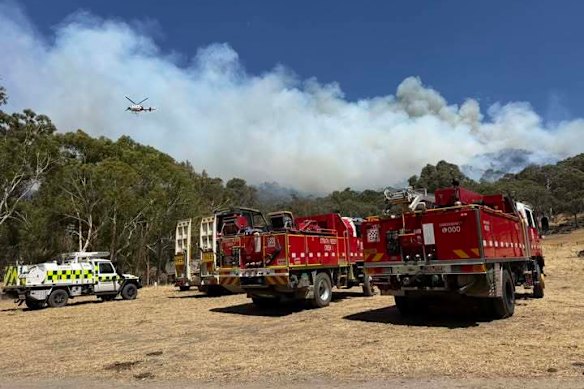 The fire in central Victoria on Tuesday, at the base of the Tallarook Ranges in Trawool.