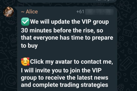 Scammers invited this masthead into a group promising share market manipulation tips.