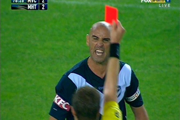 Kevin Muscat was given a straight red card for the tackle on Heart’s Adrian Zahra.