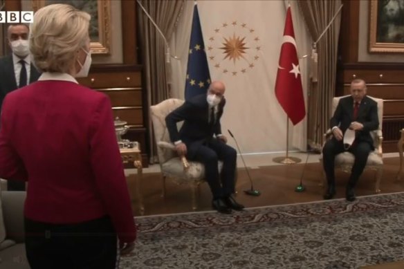 European Commission president Ursula von der Leyen is left without a chair as European Council chief Charles Michel and Turkish leader Recep Tayyip Erdogan take a seat.