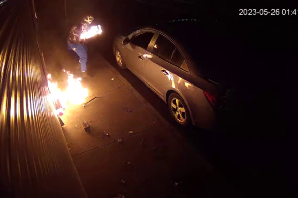CCTV footage of an arson incident in Moonee Ponds on May 26, 2023, where the offender catches alight.