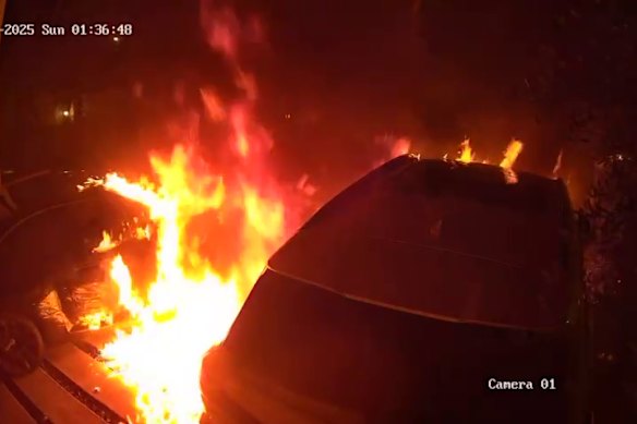 A still from CCTV footage of two cars ablaze in Maribyrnong on April 6.