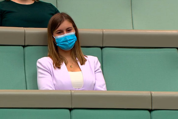 Former staffer Brittany Higgins watches as Scott Morrison and Anthony Albanese apologise for the bullying, harassment and assault of political staffers.