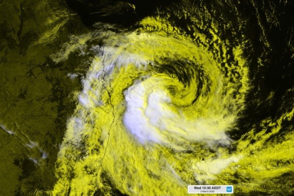 Getting ready for the storm: A composite visible-infrared satellite image showing Tropical Cyclone Alfred on Wednesday morning.