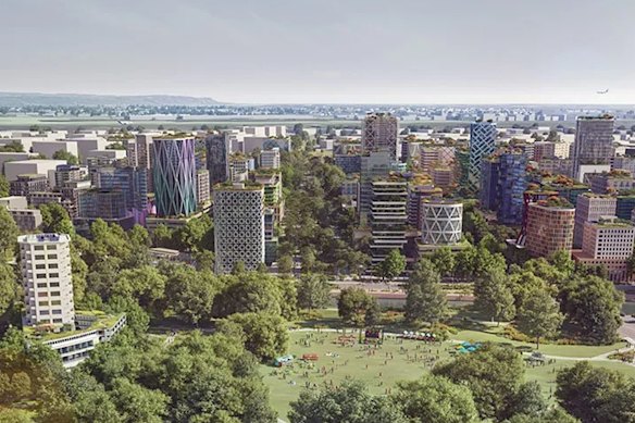 A render of the new city of Bradfield, which is planned for a large site south of Western Sydney International Airport.