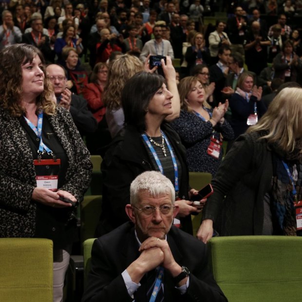 SDA national president Joe de Bruyn stayed seated as ALP National Conference gave Senator Penny Wong a standing ovation after her speech on same-sex marriage in Melbourne in 2015.