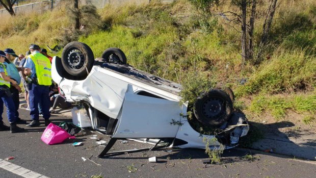 A car rolled over on the M7 southbound at Cecil Hills on Saturday afternoon. The driver escaped with minor injuries.