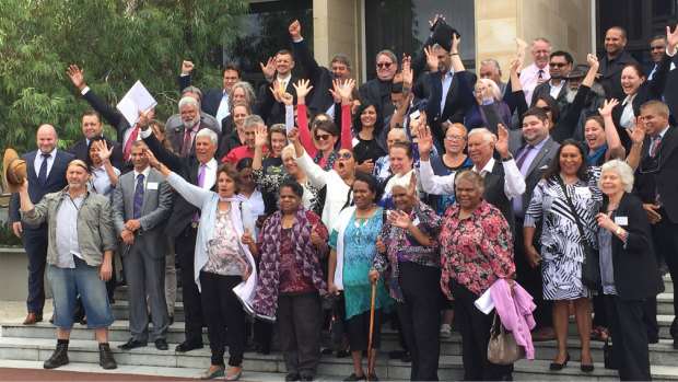Noongar people and elders celebrating their recognition in state parliament as the traditional owners of South West WA in 2016.