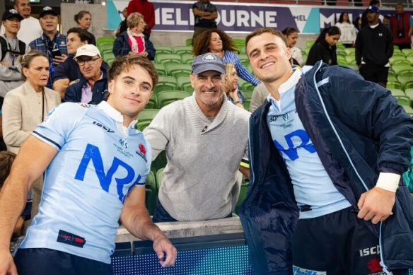 Teddy, David and Harry Wilson in Melbourne after the Waratahs’ win over the Crusaders last weekend.