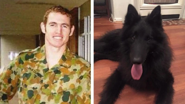 Shane Van Duren when he was in the army and his Belgian shepherd, Kalu.