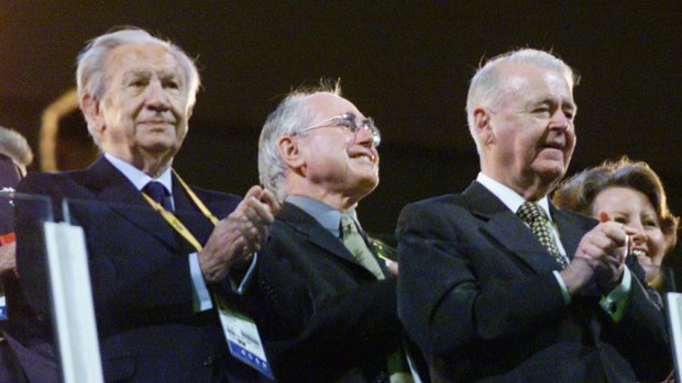 Juan Antonio Samaranch (left), John Howard and Sir William Deane at the Sydney Olympics' closing ceremony.