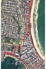 A map showing the new 30km/h speed zone area in the busy pedestrian areas stretching from Manly's foreshore near the ferry through the town to the beach. 