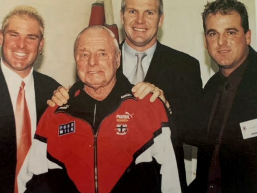 Warne and Berry with great St Kilda figures Danny Frawley and Jack Barker, father of Trevor.