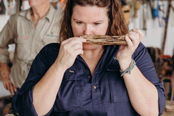 Fleur Coakley from Wescorp with a piece of Agarwood destined for luxury fragrances.
