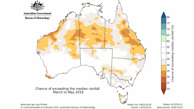 A drier than average season is likely for large parts of northern Australia, while the rest of the country shows no strong tendency towards a wetter or drier than average autumn.