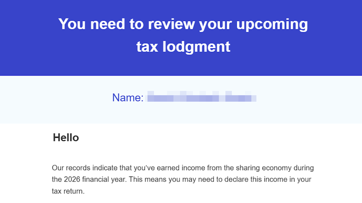 An official warning letter sent by the ATO to gig economy workers