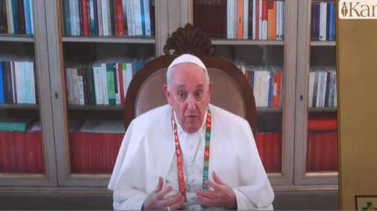 Pope Francis praising Russian tsars in a video link to a Russian Catholic Church.