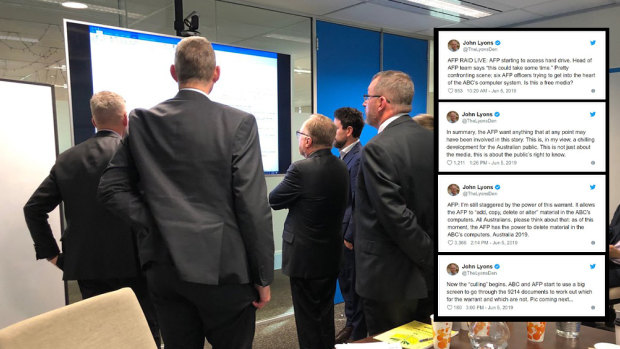 The ABC's John Lyons live tweeted as the AFP and the broadcaster's lawyers combed through documents to determine which documents were eligible to be handed over under the search warrant. 