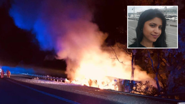 The ex-boyfriend of Sydney dentist Preethi Reddy (inset) died in a fiery crash near Tamworth on Monday, before her body was found in a suitcase. 