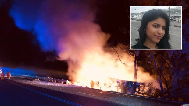 The ex-boyfriend of Sydney dentist Preethi Reddy (inset) died in a fiery crash when he deliberately drove his car into the path of a semi-trailer near Tamworth earlier this year.