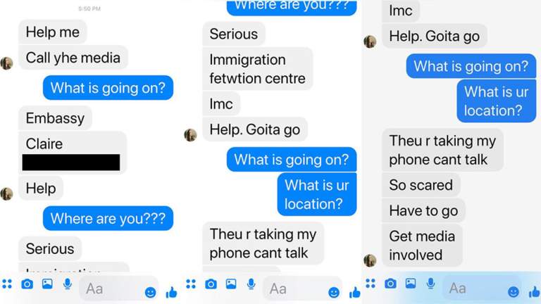 The messages Claire Johnson sent her friend Juliet Potter asking for help. 