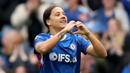 Sam Kerr celebrates her final goal for Chelsea – a glorious strike off a Lauren James assist.