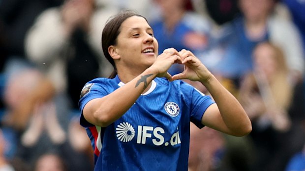 Sam Kerr celebrates her final goal for Chelsea – a glorious strike off a Lauren James assist.